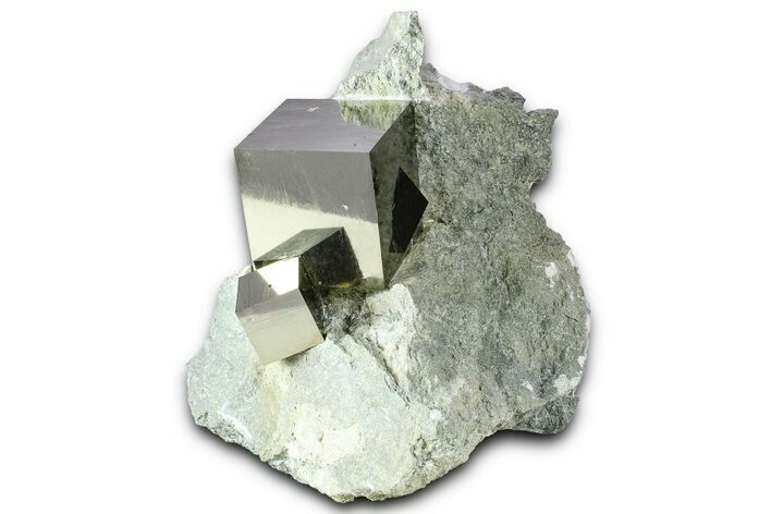 Three Natural Intertwined Pyrite Cubes In Rock - Navajun, Spain #361785